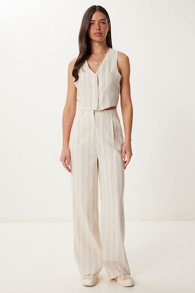 Happiness İstanbul Women's Cream Black Striped Linen Vest Pants Suit Bv00129