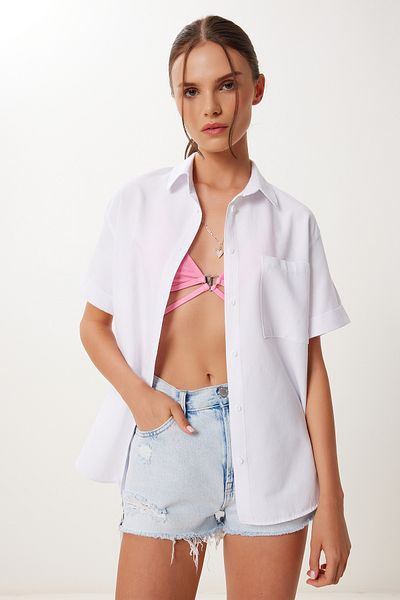 Happiness İstanbul Women's White Short Sleeve Pique Knitted Shirt Mx00199
