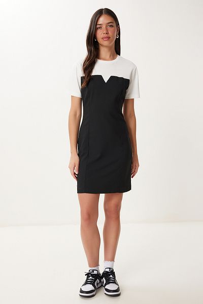 Happiness İstanbul Women's Black T-Shirt Detail Contrast Color Mini Woven Dress Mx00214
