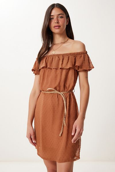 Happiness İstanbul Women Tile Carmen Collar Polka Dot Textured Chiffon Dress Tp00072