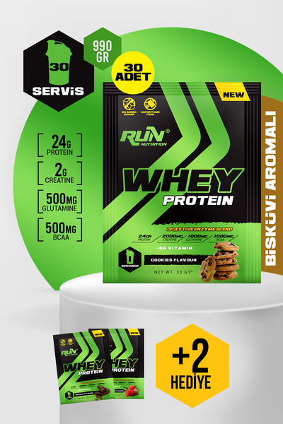 Run Nutrition وعاء بروتين بروتين برائحة البسكويت - 30 قطعة - 990 جرام - مع هدية