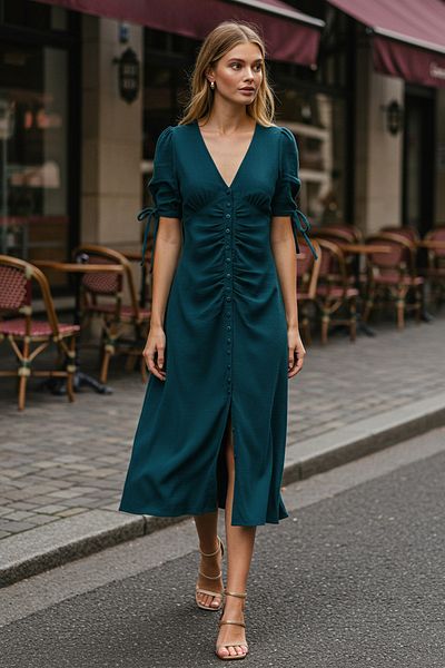 Trendyol Collection Σμαραγδένιο πράσινο ελαστικό μίντι πλεκτό φόρεμα - V λαιμόκοψη και λεπτομέρεια με κουμπιά