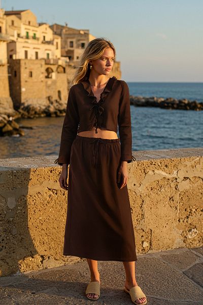 Trendyol Collection Brown Woven Frilly Binding Detailed Beach Blouse Skirt Suit Tbess25Au00079