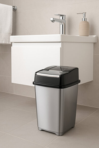 Sas Haus Gray Practical Covered Bathroom & Kitchen Trash Can – Odor Blocking, Hygienic, 10 Liter Swirl