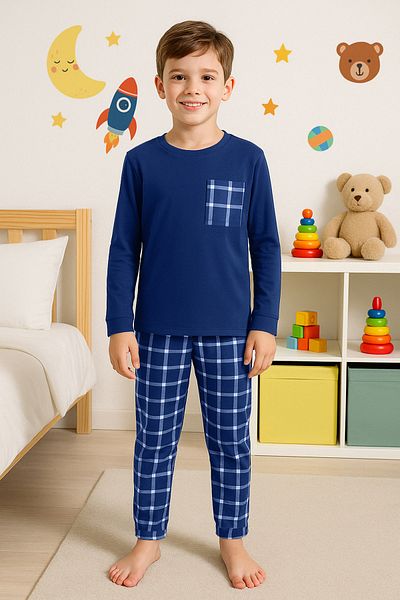 TRENDYOLKIDS Sötétkék fiú kockás / kockás kötött pizsama szett alsó-felső öltöny TKDAW25AU00113