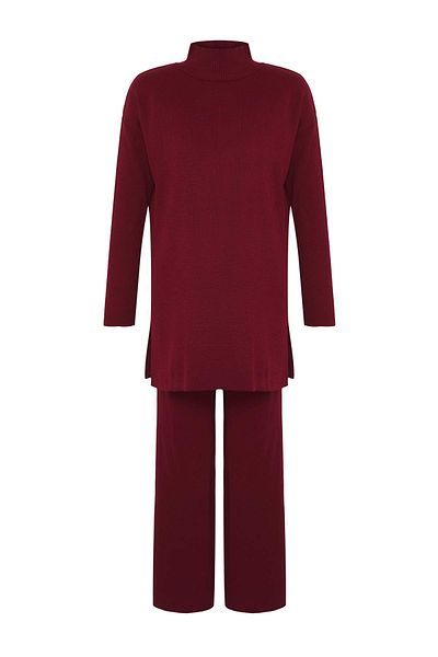 Trendyol Modest Burgundy Slit Wide Leg Knitwear Bottom-Top Set Tctaw24Us00028