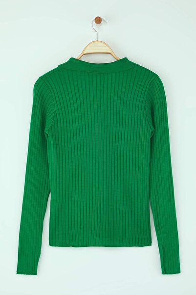 Trendyol Collection Emerald Green Striped Sleeve Detail Polo Collar Knitwear Sweater Twoaw21Kz1113