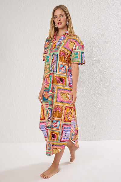 Trendyol Collection Tropical Print Midi Woven 100% Cotton Beach Dress with Pockets and Slit Tbess25El00050