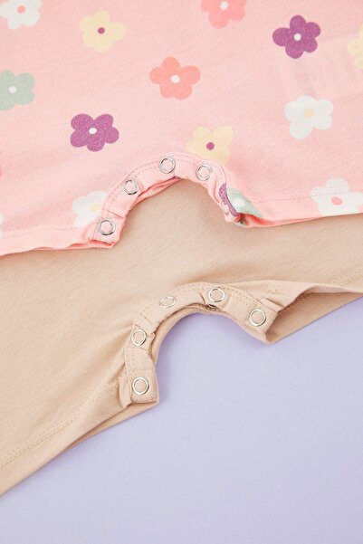 TRENDYOLKIDS Πούδρα 2 τεμαχίων για κοριτσάκι 100% βαμβακερό λουλουδάτο εμπριμέ κοντομάνικο πλεκτό φόρμα TKDSS25TU00019