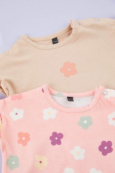 TRENDYOLKIDS Powder 2-Piece Baby Girl 100% Cotton Flower Printed Short Sleeve Knitted Jumpsuit Tkdss25Tu00019