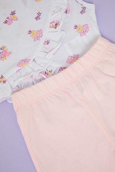 TRENDYOLKIDS Bézs Baby Girl 100% pamut virágmintás fodros ujjatlan kötött alsó felső szett TKDSS25AU00160