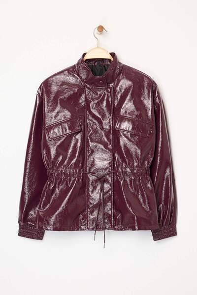 Trendyol Collection Burgundy Regular Fit Waist Gathered Shiny Slim Jacket Coat Twoaw26Mo00079