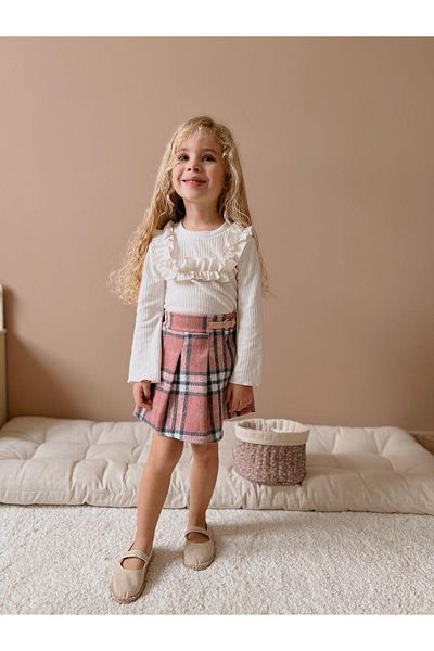 Magu Girl's White Cotton Bodysuit Plaid Shorts Skirt Bottom-Top Set