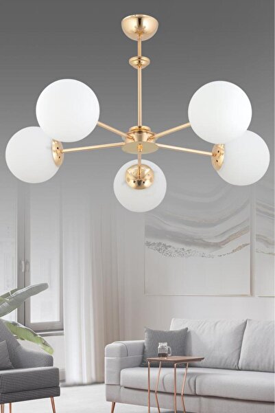 İstanbul Avize Nisa 5'li Gold Beyaz Glop Camlı Avize