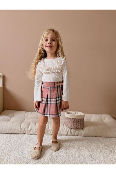 Magu Girl's White Cotton Bodysuit Plaid Shorts Skirt Bottom-Top Set