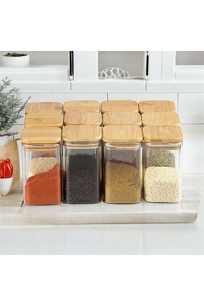 emdeco 12 Pieces Square Wooden Vacuum Lid Acrylic Spice Rack Set 300 ml Label + Spoon Gift