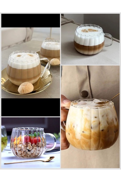 MİS KİTCHEN 4 Adet 400 ml Latte Fincanı Çay Ve Kahve Bardağı - Çizgili Cam Ku...