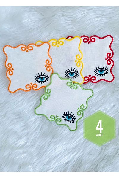 Mora Tekstil Eye Embroidered Coffee Coaster, Mixed Color Presentation Napkin, Coffee Glass Coaster, 4-Piece Cocktail Napkin
