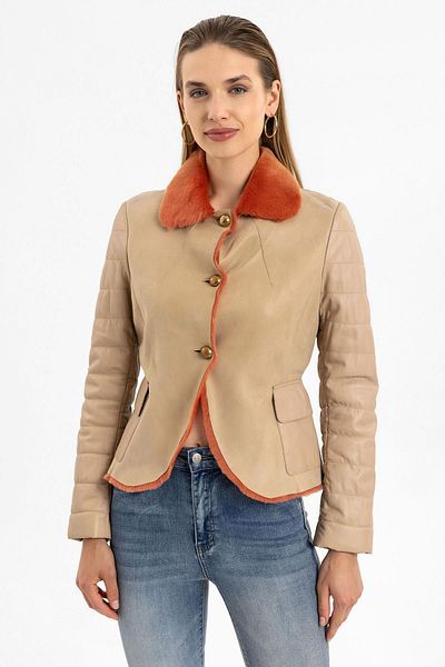 Deriderim Clima Beige Leather Orange Feather Genuine Leather Coat
