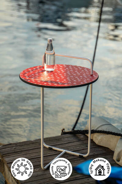 NY Tasarım Marin Desenli Kırmızı Renkli Iç Ve Dış Mekan (BAHÇE, KAMP, PİKNİK, HAVUZ KENARI, TEKNE) Yan Sehpa