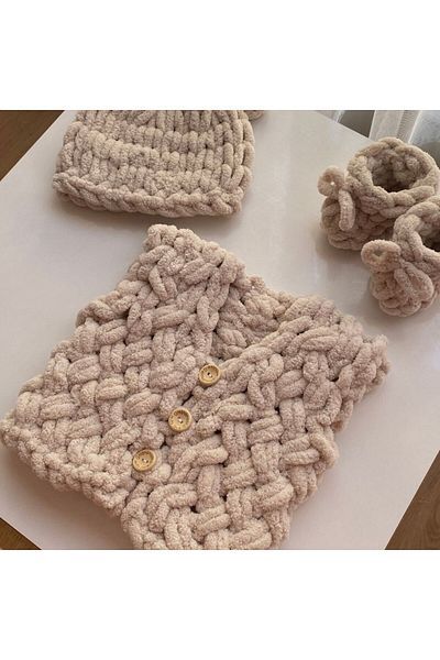 Baby Sept Collection Puffy Hand Knitted Vest Booties Beanie Set