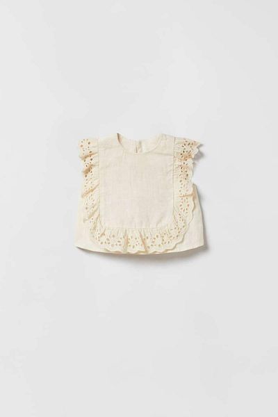 Magu Girl's Ecru Lace Striped Contrast Linen Blouse Trousers Top-Bottom Set