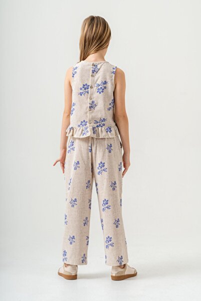 Magu Girl's Ecru Floral Patterned Poplin Linen Blouse and Pants Set