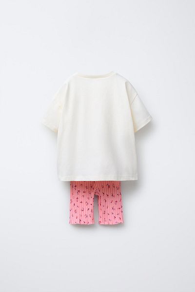 Magu Girl's cotton ecru patterned t-shirt and ribbed leggings set - summer two piece