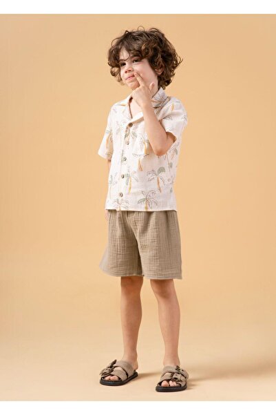 Magu Boy's Palm Tree Patterned Shirt Suit Shorts Summer Set of Two