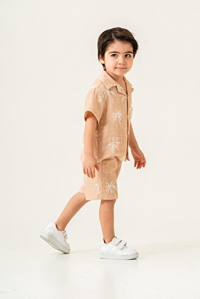 Magu Boys 100% Linen Summer Two-Piece Suit – Palm Print Short Sleeve Shirt & Elastic Waist