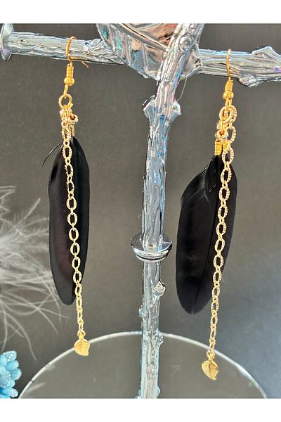 Nevgiss Aksesuar Feather Chain Leaf Detailed Earrings Pair