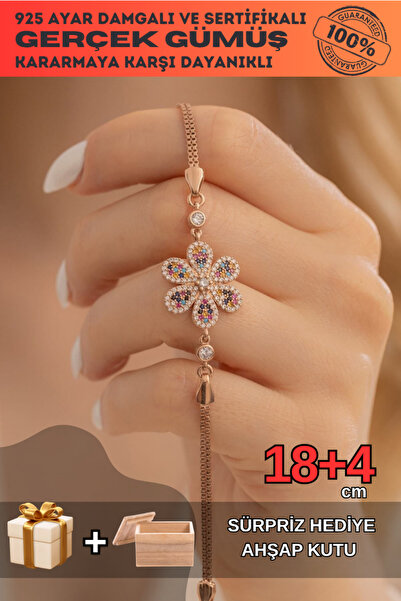 OSMANLI GÜMÜŞ Mix Karışık Çok Renkli Doğal Taşlı Rose Gold Gümüş Çiçek Motifl...