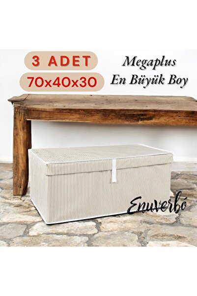 Enuverbi 3 Adet Megaplus En Büyük Boy (70x40x30 Cm) Kapaklı Yastık Yorgan Saklama Kutusu Giysi Hurcu - Bej