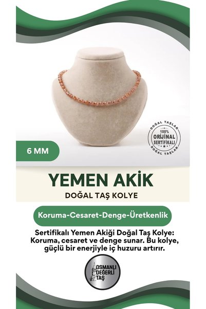 OSMANLI DEĞERLİ TAŞ Sertifikalı Yemen Akiği Doğaltaş Kolye 6 Mm, M600