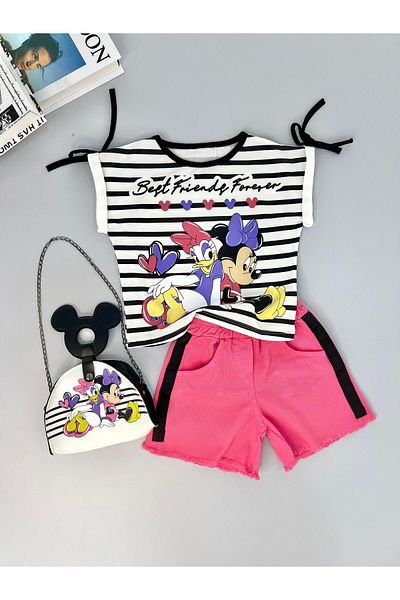 mislina kids Set de 3 combinații de vară pentru fete prietene |   Tricou cu dungi + pantaloni scurți colorați + geantă (vârsta 3-6)