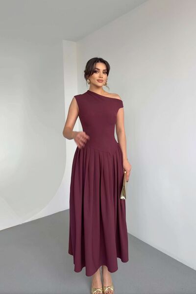 FMN Moda geniş kloş etek bele oturan pinterest marka muadil midi boy uzun tasarım kayık yaka çan şık elbise