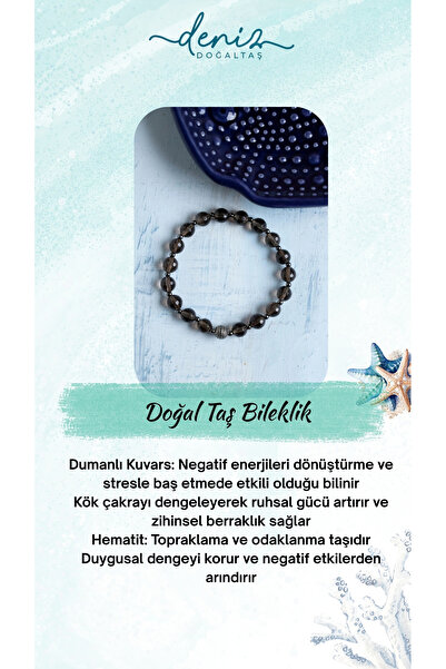 Deniz Doğal Taş سوار معتمد من حجر الكوارتز الدخاني والهيماتيت مع جهاز فضي