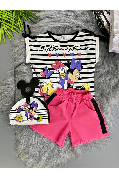 mislina kids Set de 3 combinații de vară pentru fete prietene |   Tricou cu dungi + pantaloni scurți colorați + geantă (vârsta 3-6)