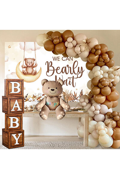 Patladı Gitti Oyuncak Ayı Temalı Baby Shower Set; Ahşap Görünümlü Baby Kutu V...