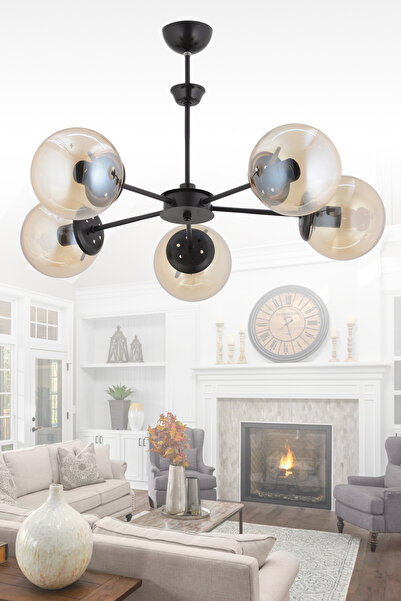 İstanbul Avize Nisa 5'li Siyah Sarı Glop Camlı Avize