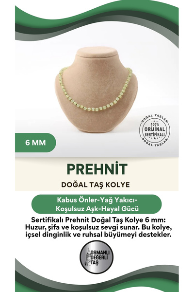 OSMANLI DEĞERLİ TAŞ Sertifikalı Prehnit Doğaltaş Kolye 6 Mm, M586