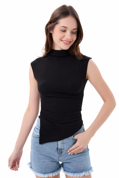 vesantia Bluză tricotată asimetrică, cu mânecă scurtă, cu guler negru, cu det...