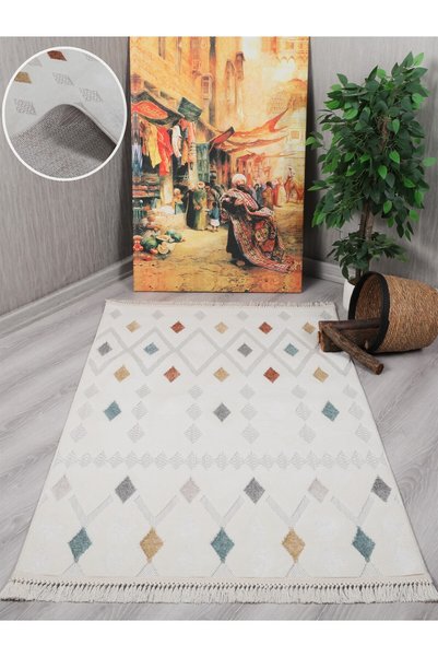 Myevilla Dekoratif Bergama Serisi Salon Oturma Odası Mutfak Kesme Yolluk Makine Halısı 9803a