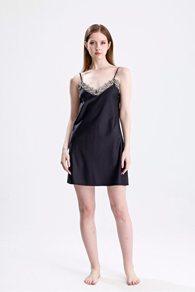 Laperissa Kadın Siyah Saten Dantelli Ayarlanabilir Askılı Şık Gecelik