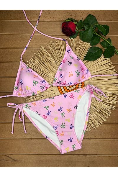 XORVİO Women's New Season Lycra Stretchy Halter Neck Stylish Drawstring Triangle Pink Scissors Pattern Bikini Set