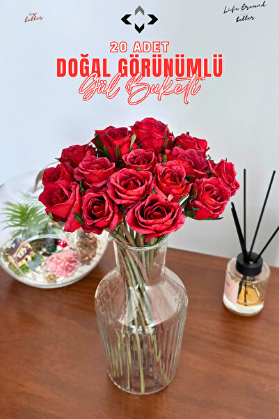 LİGROUND 20 Pcs Doğal Görünümlü Yapay Gül Buketi 20 Adet Ev Dekorasyon Düğün Gelin Gül Demeti 32 Cm