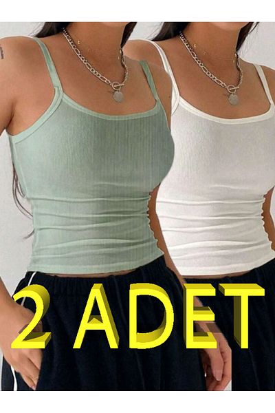 AŞAR MODA TEKSTİL Women's Basic Ribbed Tank Top Ribbed Crop 2 Pcs Camisole