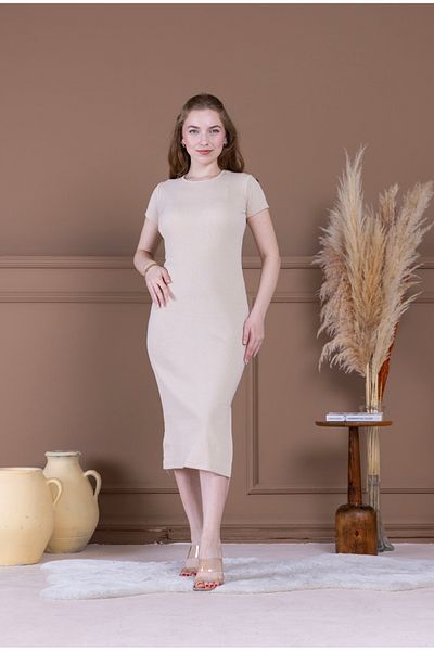HOBİ Women's Beige Color Split Crew Neck Camisole Dress