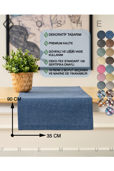 TOSHE 35 X 90 Gök Mavi Keten Dokuma Runner, Dekoratif Runner, Düz Runner, Run...