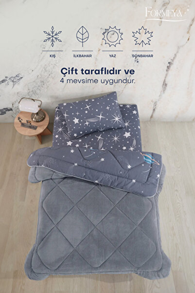 Formeya Tek Kişilik Çarşaflı Astronot Desenli Çift Taraflı Wellsoft Uyku Seti (Yorgan+Çarşaf+Yastık Kılıfı)
